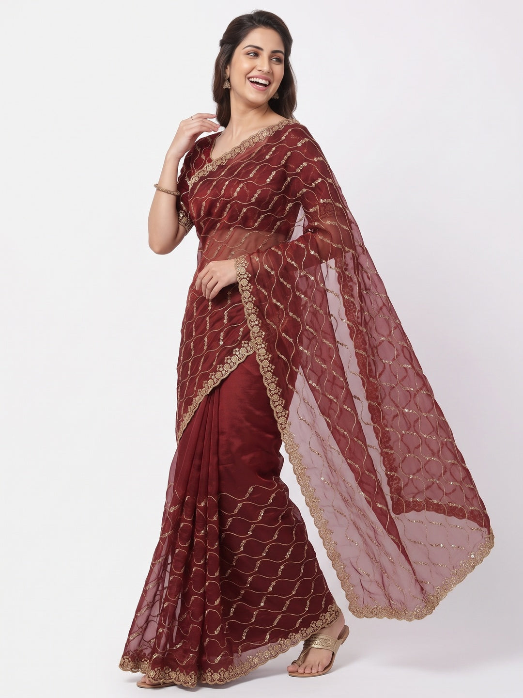 Maroon Partywear Organza Chiffon Silk Saree Highlighted with Fine Sequins Detailing - Image 4