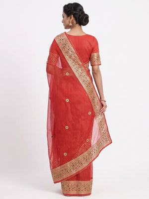 Red Ethnic Kota Doria Saree Designed with Beautiful Traditional Gota Embroidery - Image 2