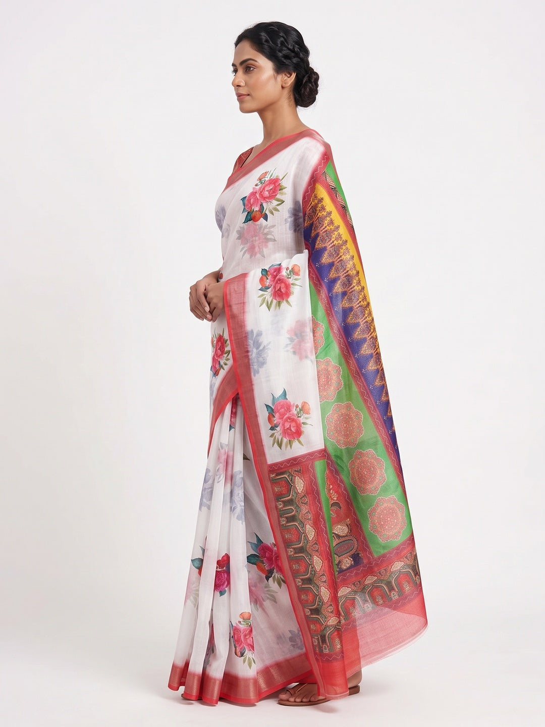White & Red Floral Digital Printed Linen Saree With Zari Border - Image 3