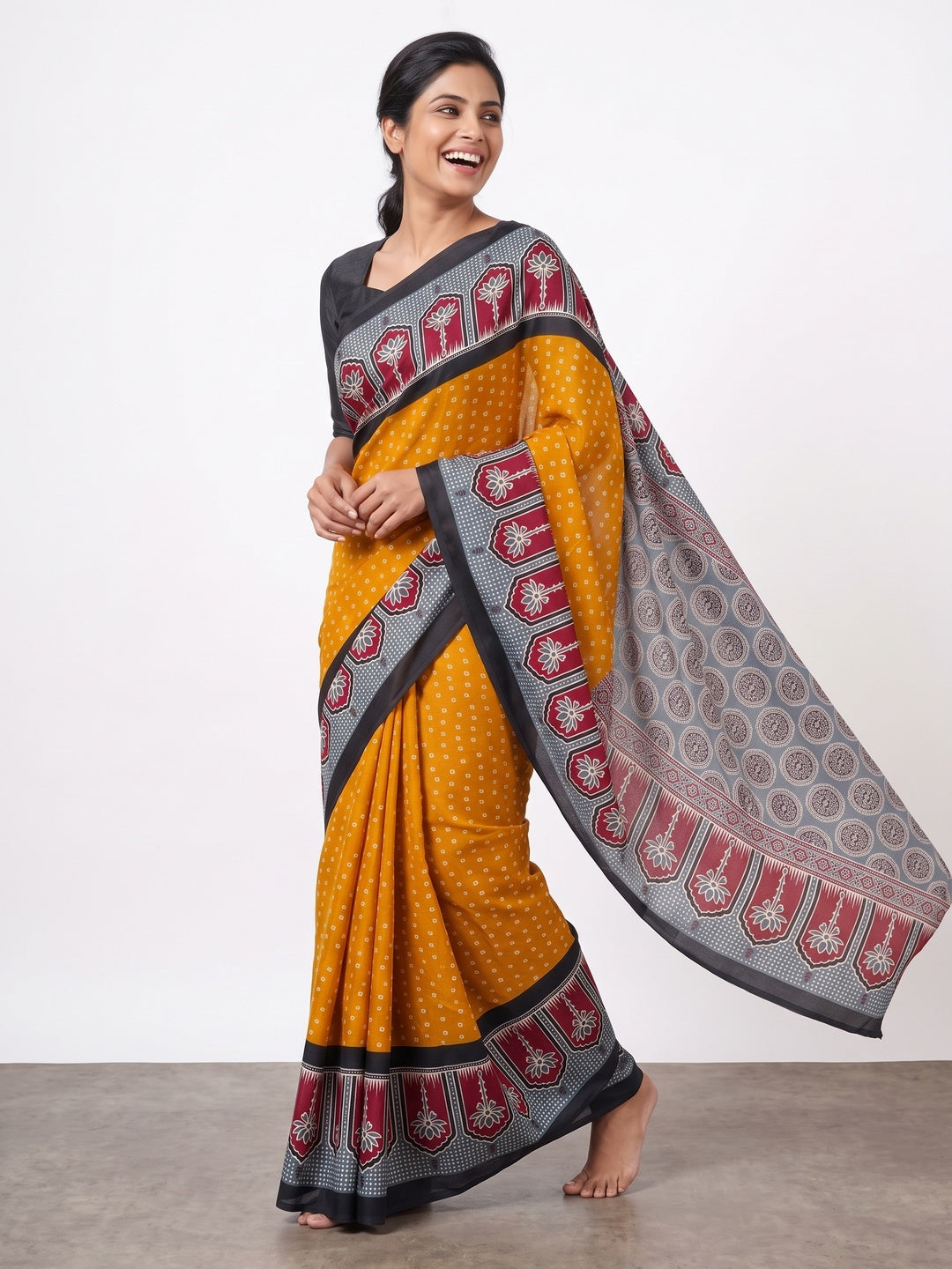 Classic Mustard Crepe Silk Saree Enhanced with Bandhani Work for Timeless Appeal - Image 4