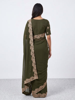 Stylish Mehendi Green Star Chiffon Saree with Traditional Zari Embellished Border - Image 3