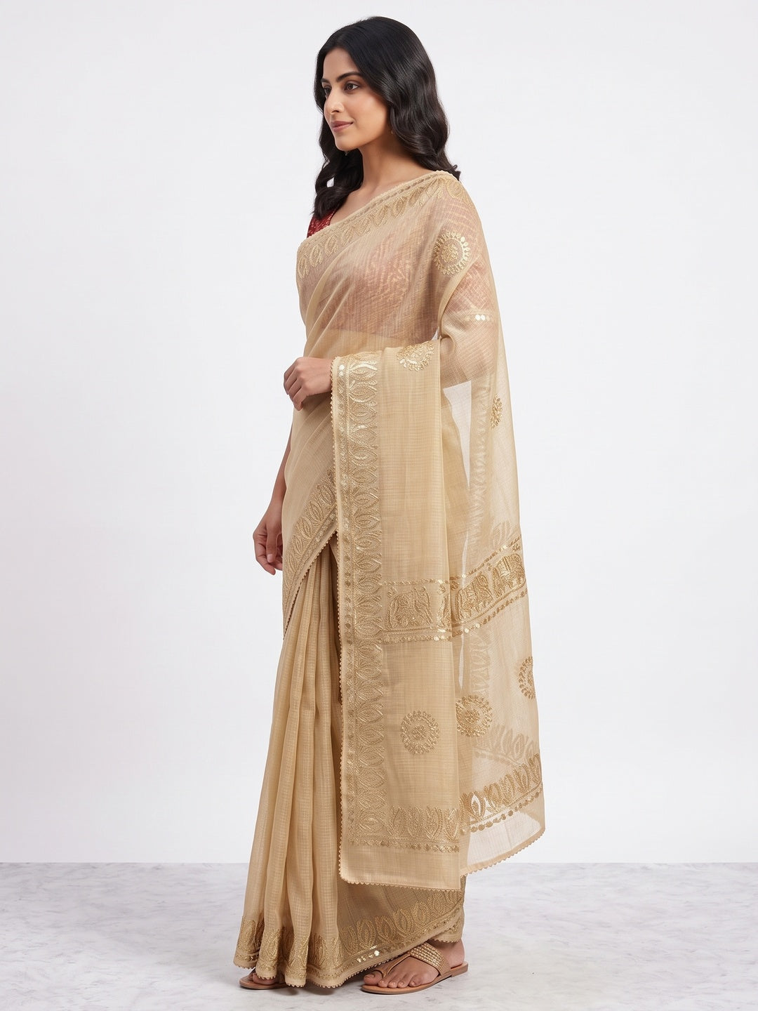 Beige Festive Kota Doria Saree Decorated with Classic Gota Work Embroidery - Image 3