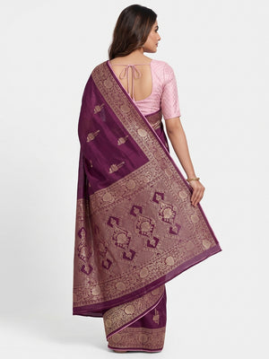 Purple Traditional Muslin Soft Saree Featuring Luxurious Meenakari Zari Patterns - Image 3