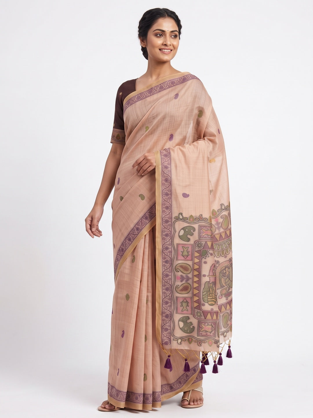 Peach Woven Muga Cotton Silk Saree In Kalamkari Motifs On Pallu - Image 5