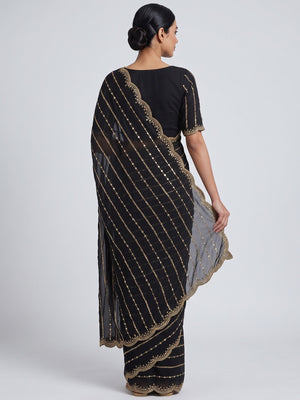 Timeless Black Striped Pattern Georgette Saree Accentuated With Elegant Sequins Embroidery Work - Image 2