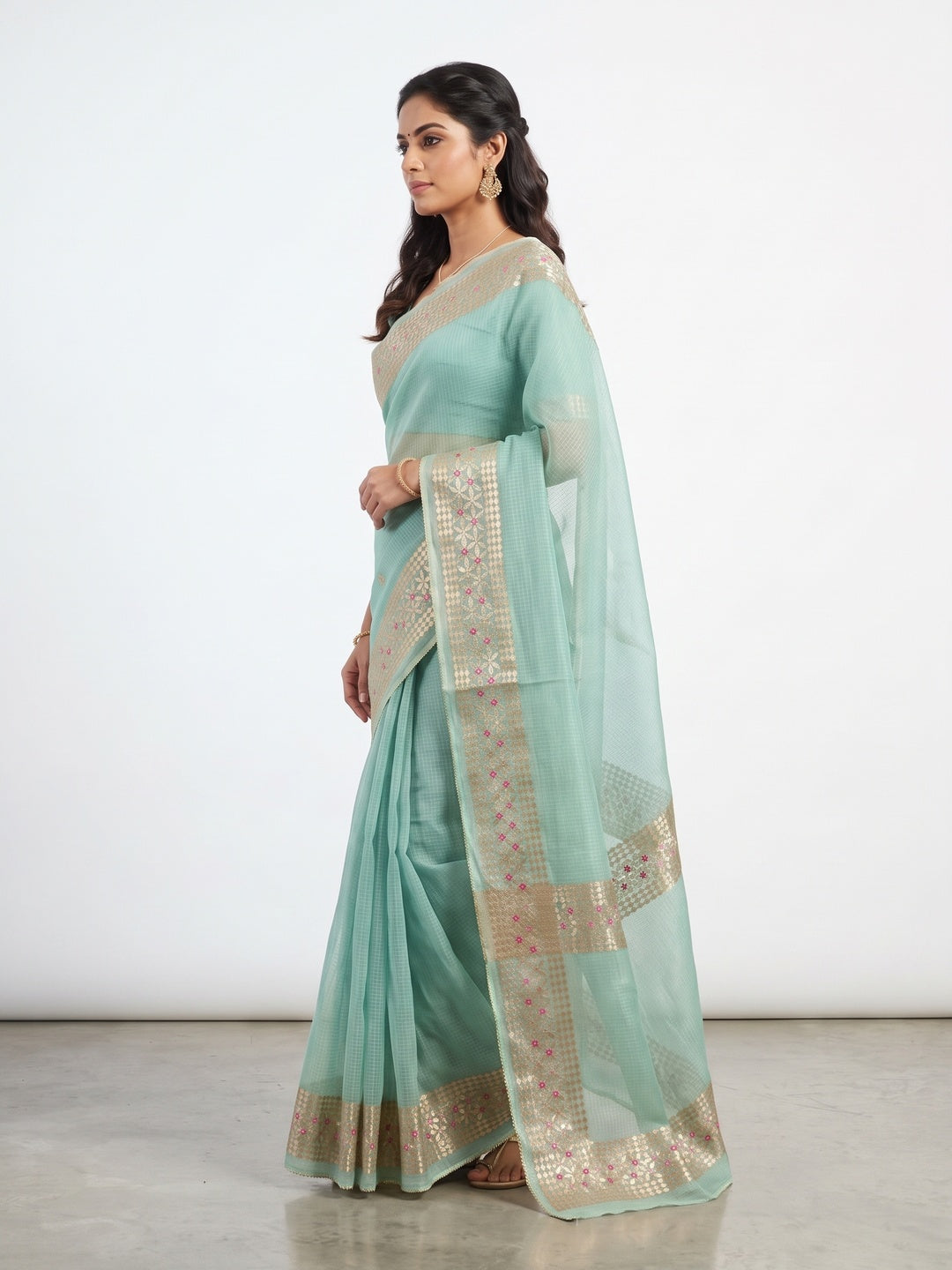 Sea Green Ethnic Kota Doria Saree Designed with Beautiful Traditional Gota Embroidery - Image 3