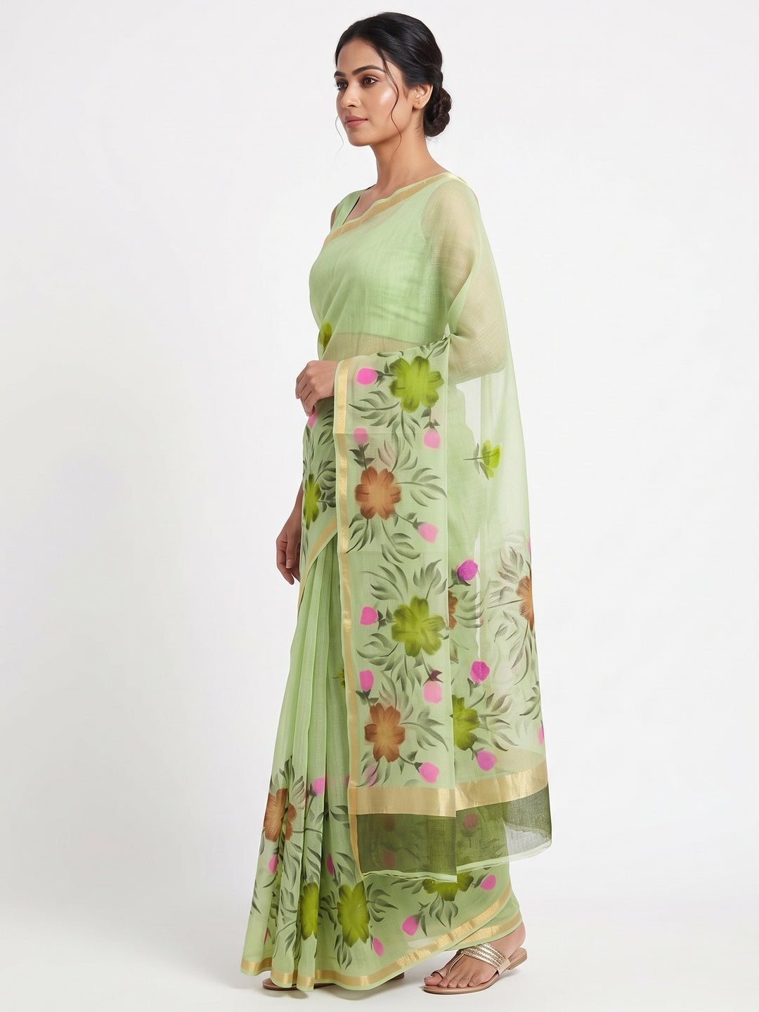Green Floral Brush-Painted Kota Doria Saree with Elegant Artistic Detailing - Image 3