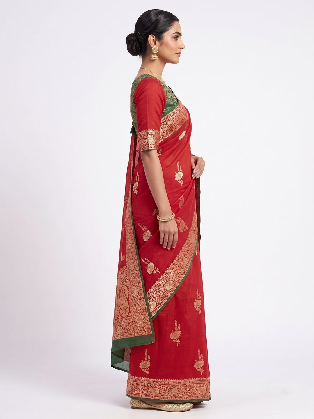 Red Traditional Muslin Soft Saree Featuring Luxurious Meenakari Zari Patterns - Image 3