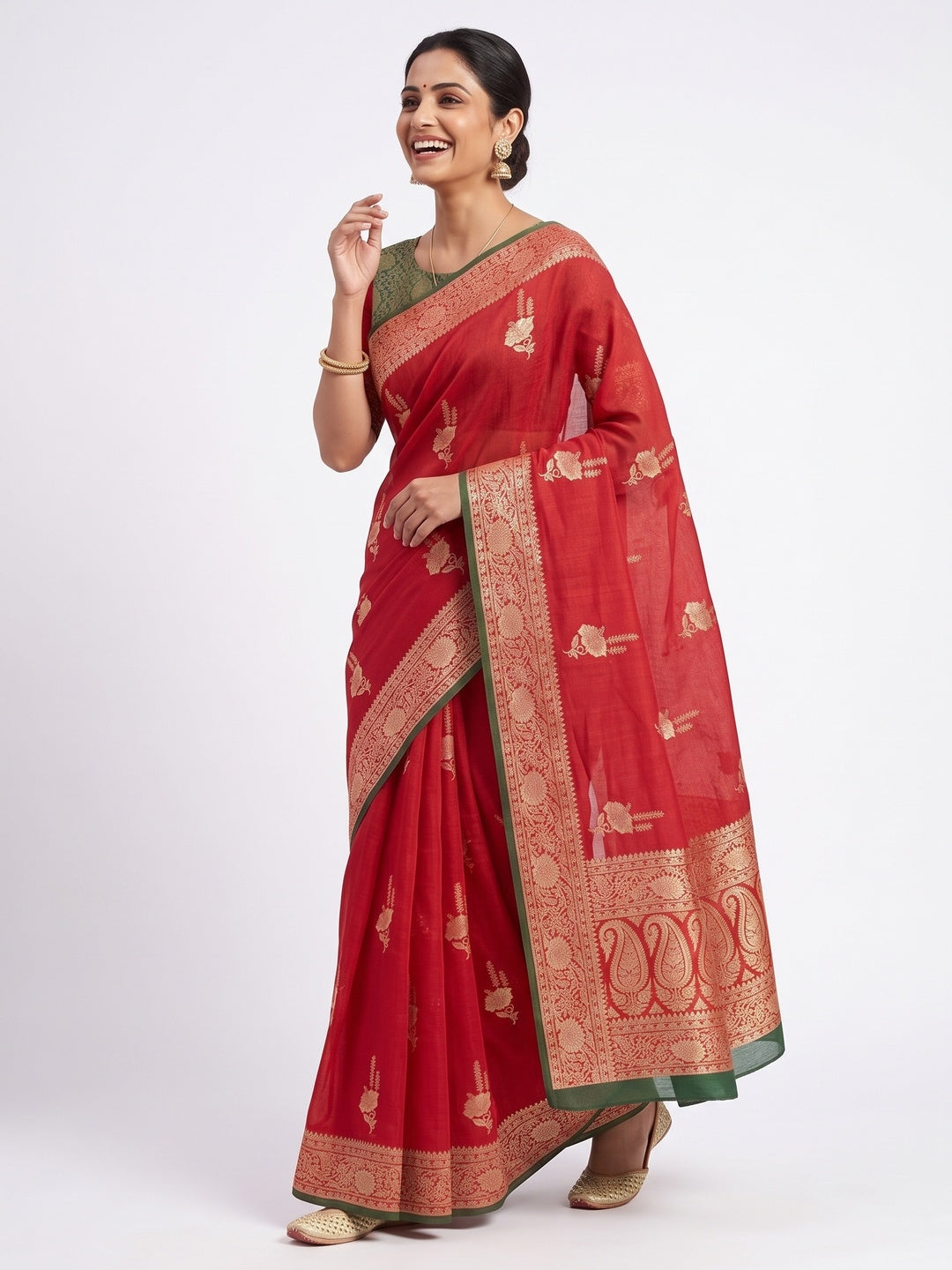 Red Traditional Muslin Soft Saree Featuring Luxurious Meenakari Zari Patterns - Image 4