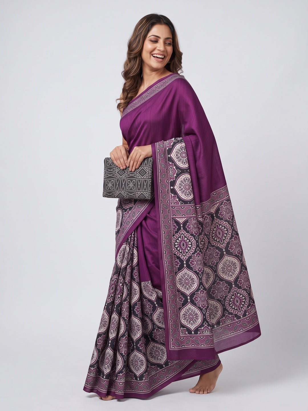 Purple Premium Crepe Silk Lightweight Saree Adorned with Classic Ajrakh Patterns - Image 4