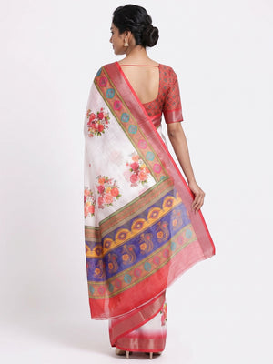 White & Red Floral Digital Printed Linen Saree With Zari Border - Image 2
