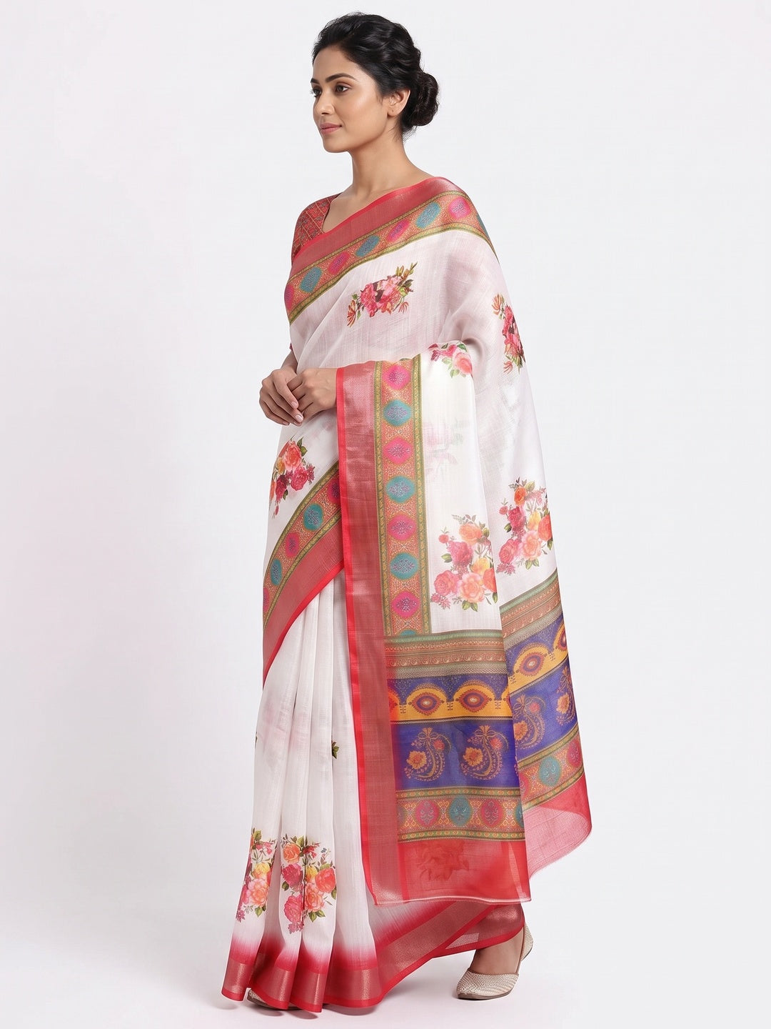 White & Red Floral Digital Printed Linen Saree With Zari Border - Image 3