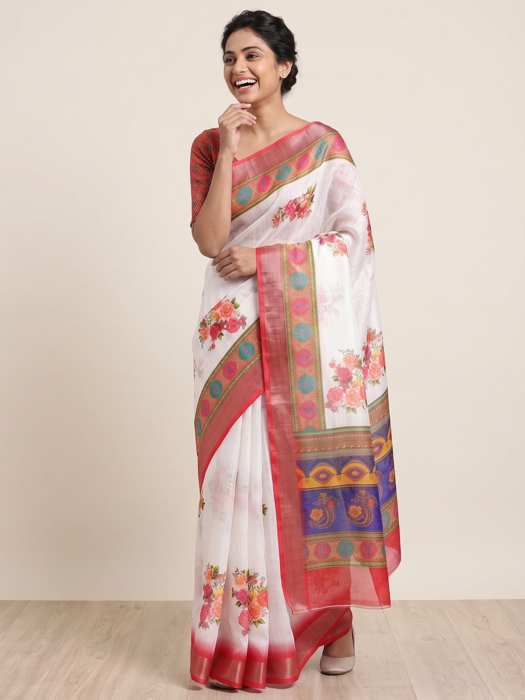 White & Red Floral Digital Printed Linen Saree With Zari Border - Image 4