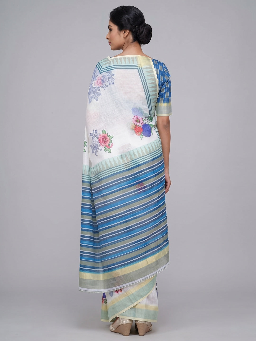 White & Light Yellow Floral Digital Printed Linen Saree With Zari Border - Image 2