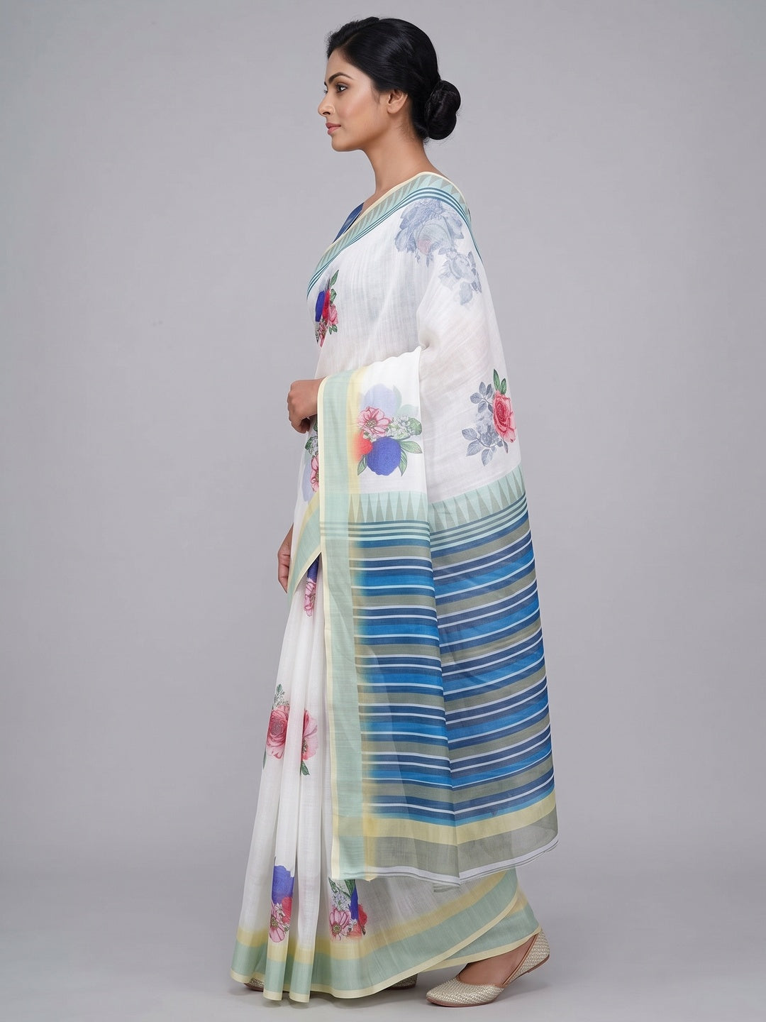 White & Light Yellow Floral Digital Printed Linen Saree With Zari Border - Image 3
