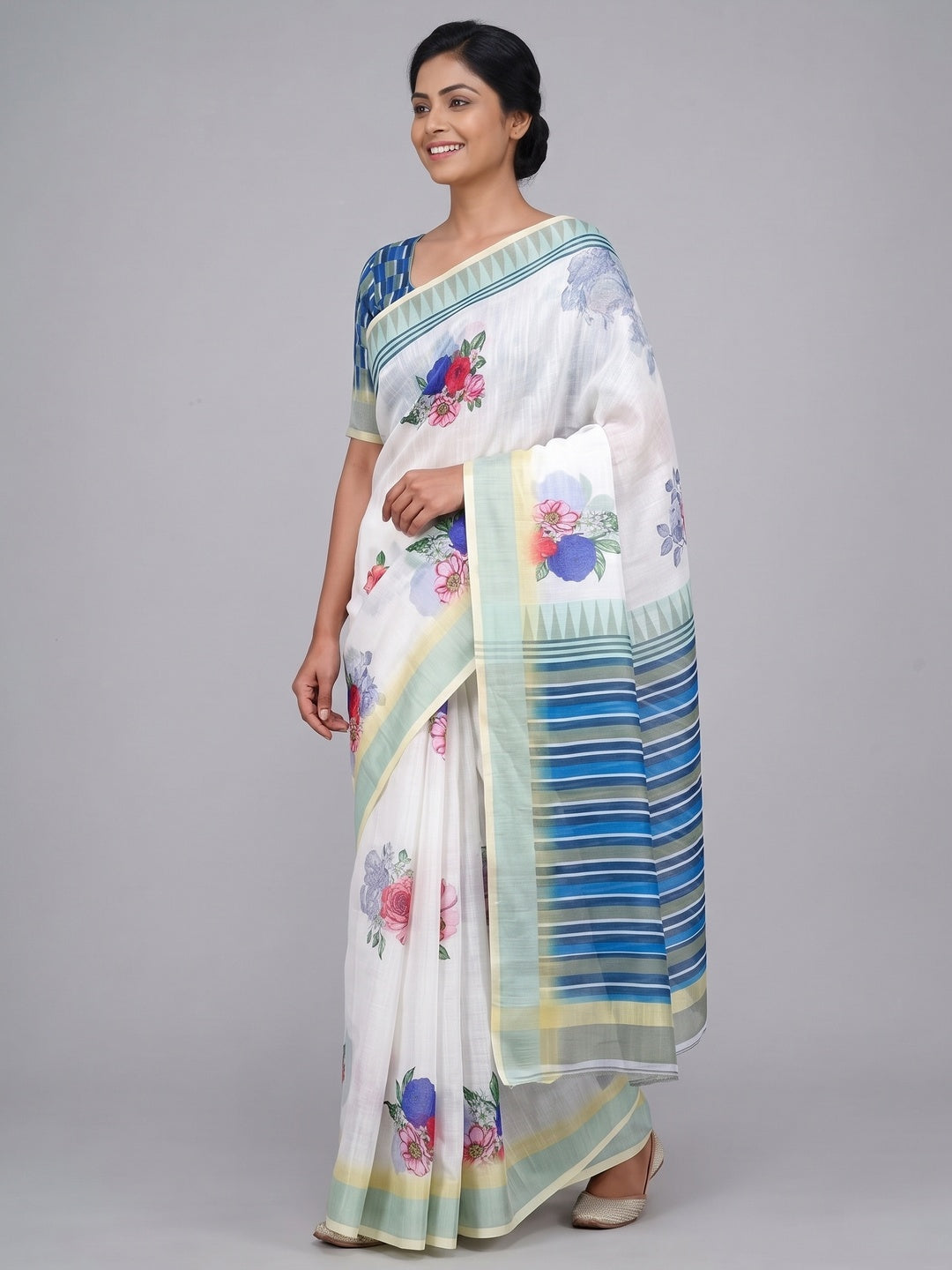 White & Light Yellow Floral Digital Printed Linen Saree With Zari Border - Image 5
