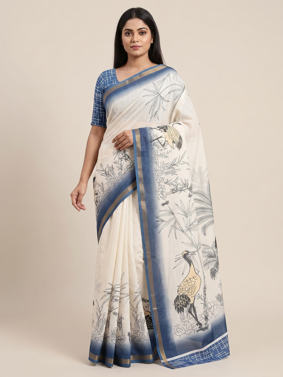 Peachmode Cream Hansh Bird Printed Mul Cotton Saree - Image 1
