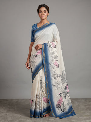 Peachmode Pink Hansh Bird Printed Mul Cotton Saree - Image 1