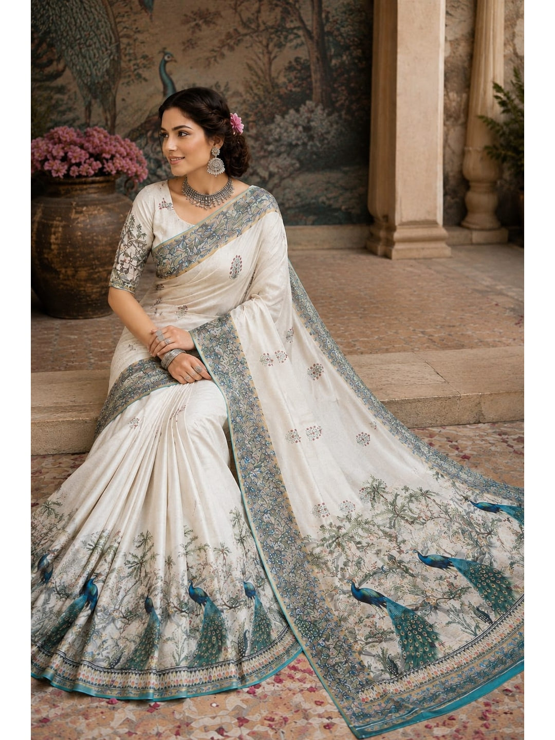 Peachmode Off White Peacock Printed Mul Cotton Saree - Image 3