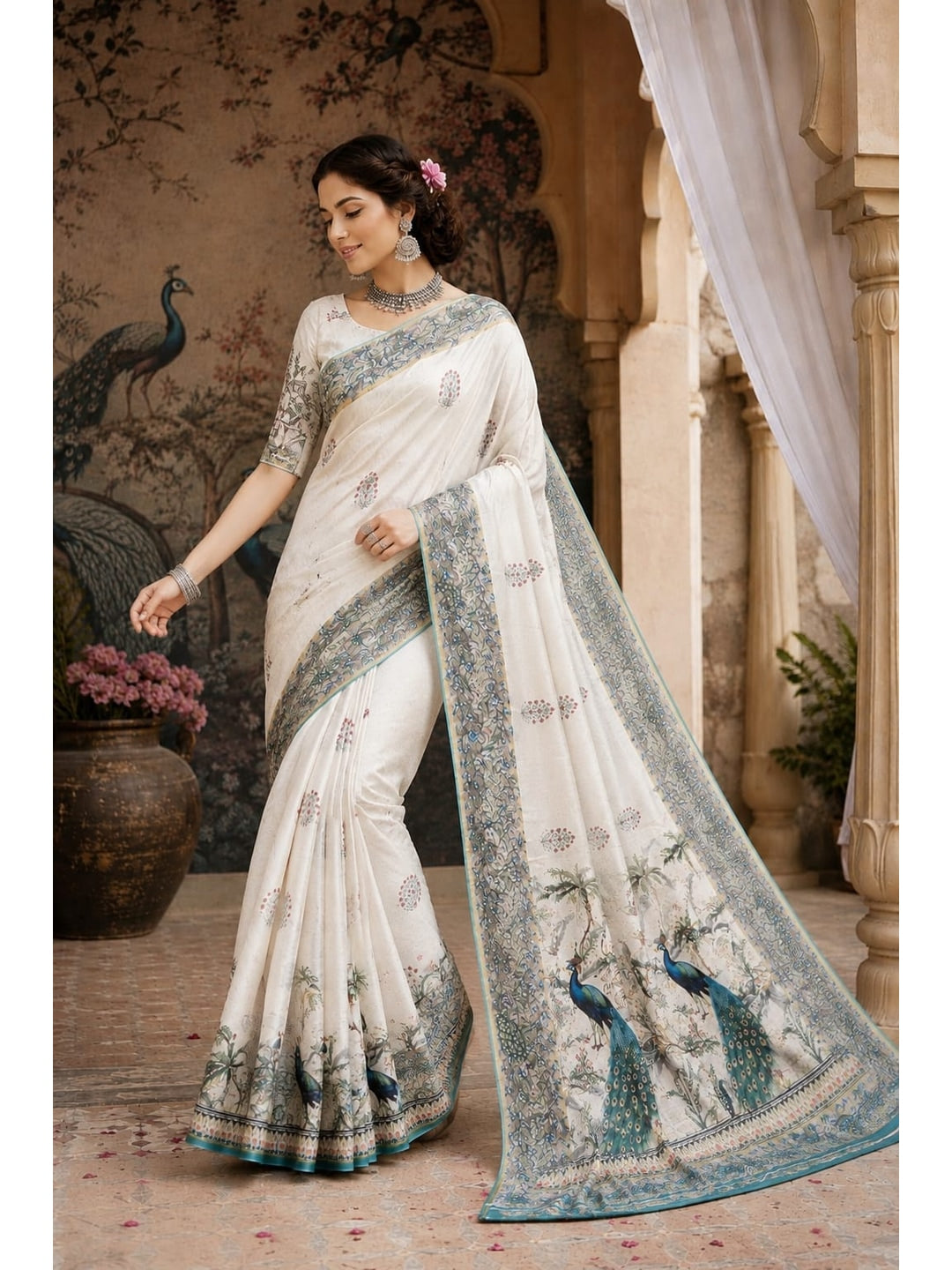 Peachmode Off White Peacock Printed Mul Cotton Saree - Image 5