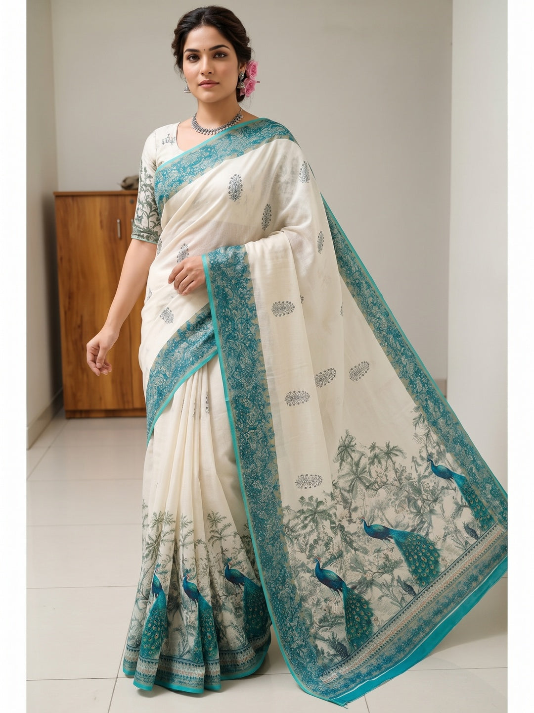 Peachmode Off White Peacock Printed Mul Cotton Saree - Image 1
