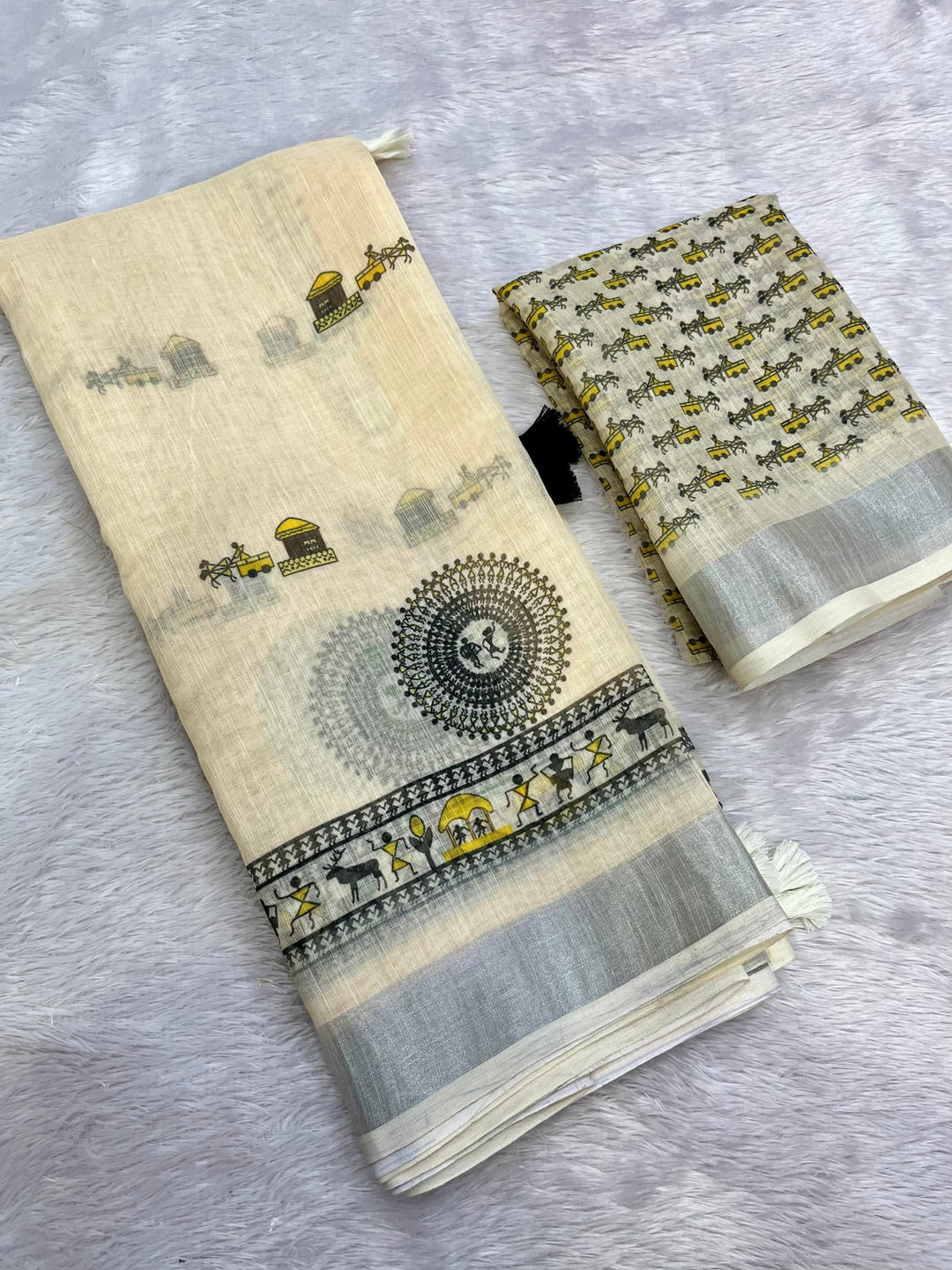 Peachmode Offwhite Folk Art Linen Cotton Saree - Image 4