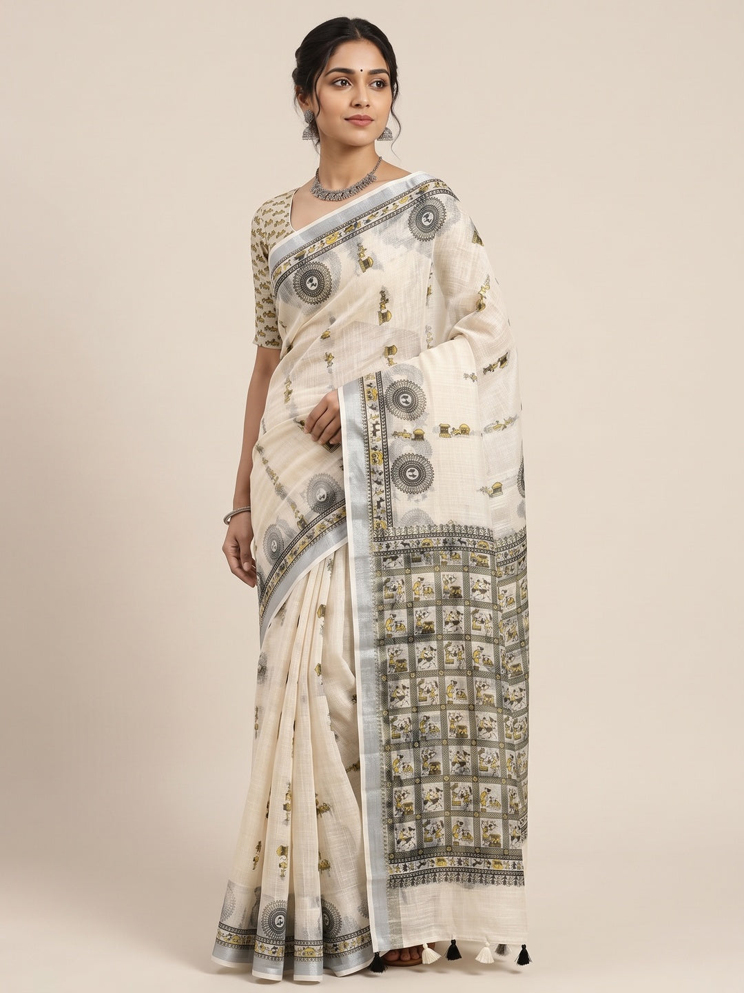 Peachmode Offwhite Folk Art Linen Cotton Saree - Image 5