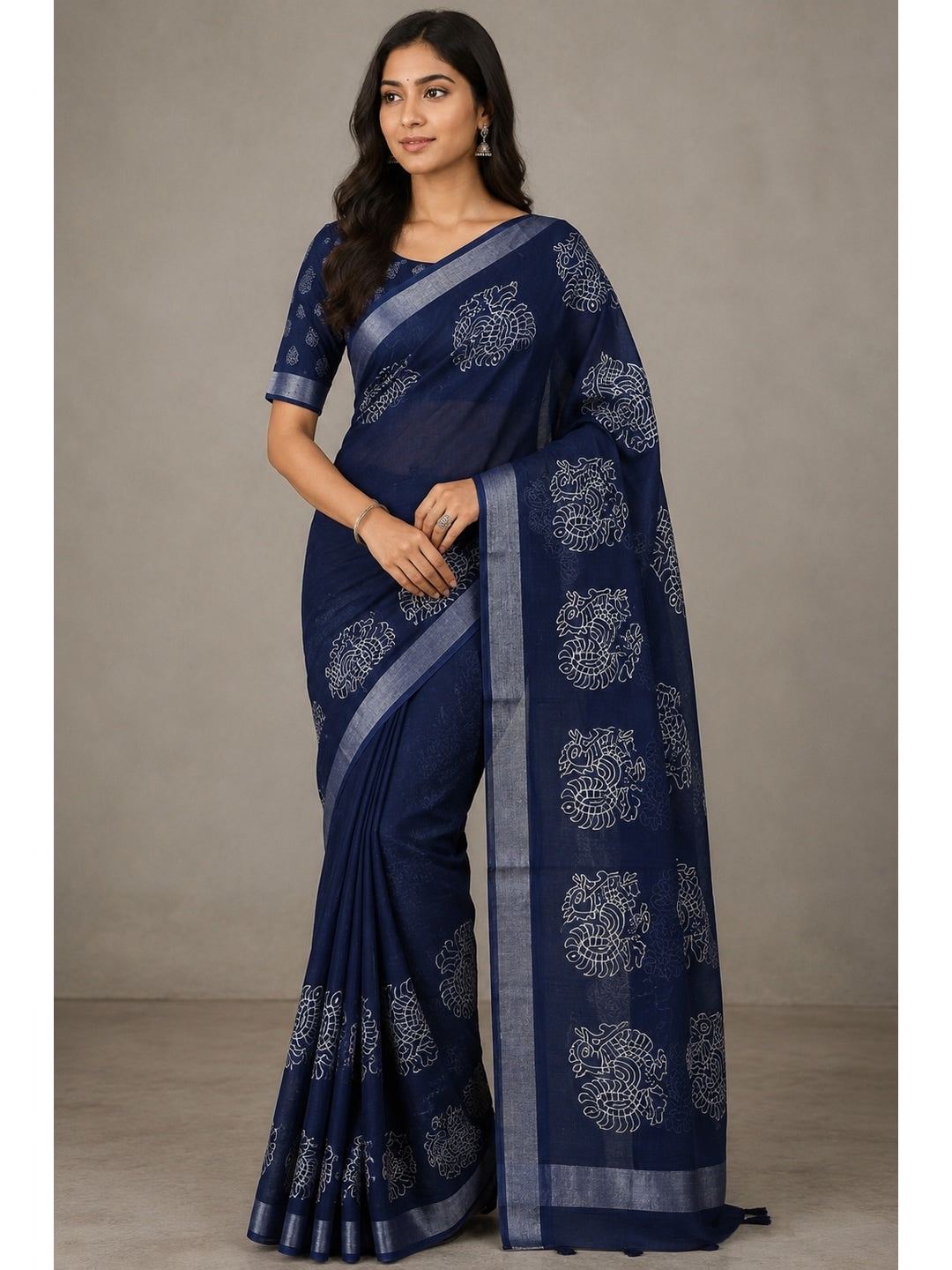 Peachmode Navy Blue Peacock Linen Cotton Saree - Image 1