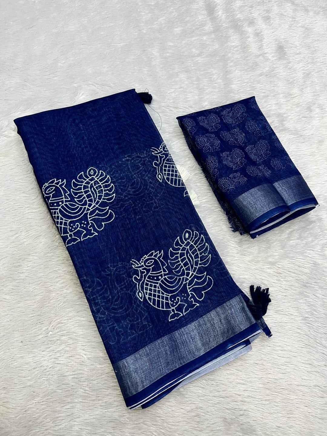 Peachmode Navy Blue Peacock Linen Cotton Saree - Image 4