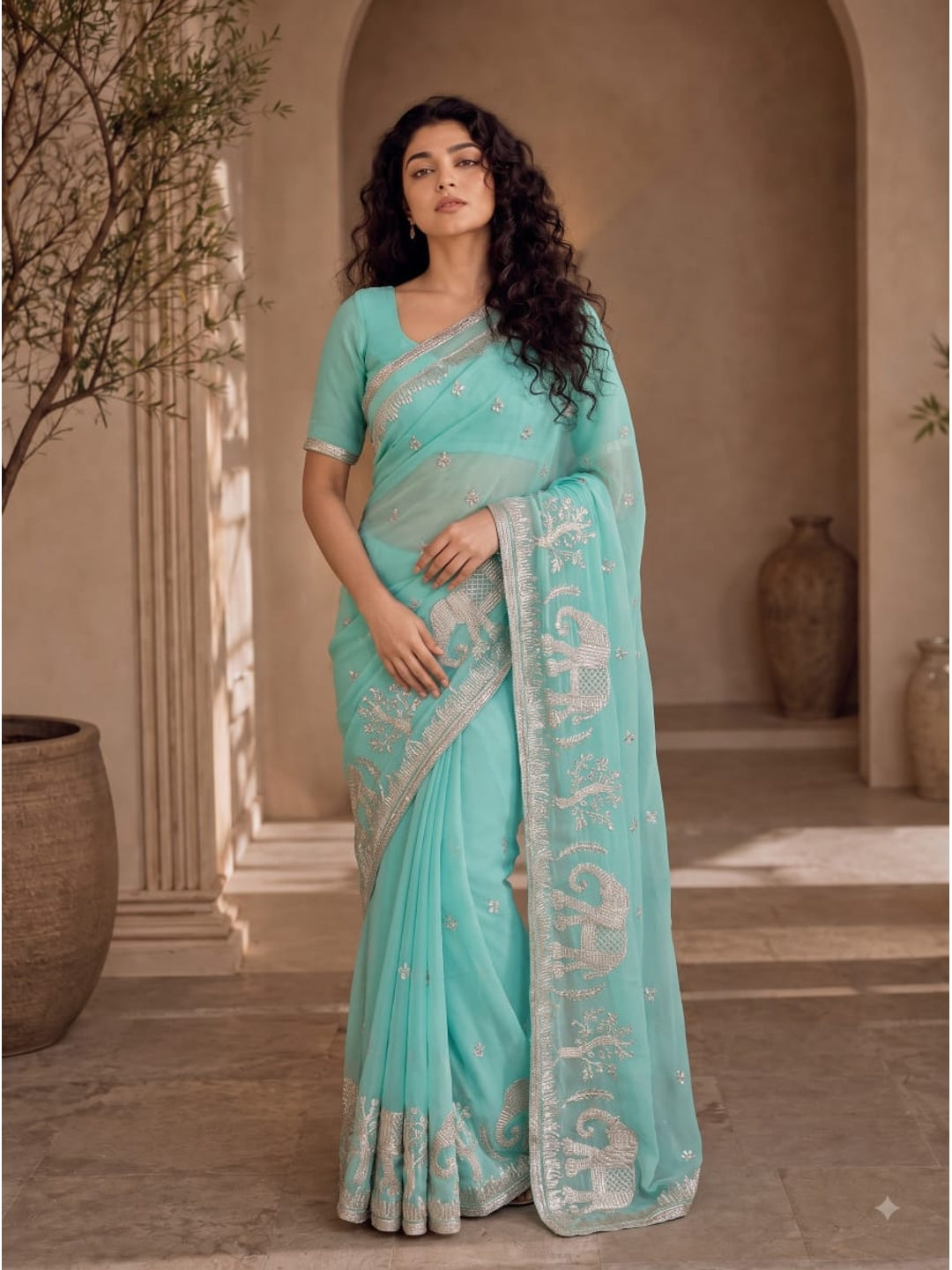 Peachmode Rama Blue Gota Patti Georgette Saree - Image 1
