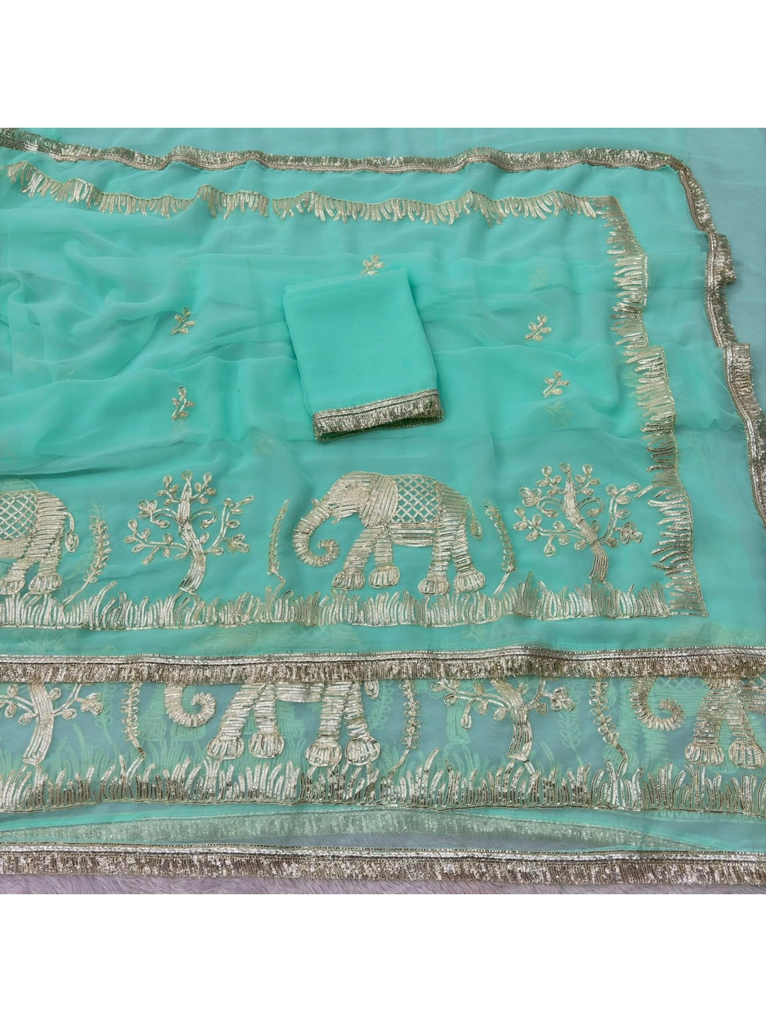 Peachmode Rama Blue Gota Patti Georgette Saree - Image 2
