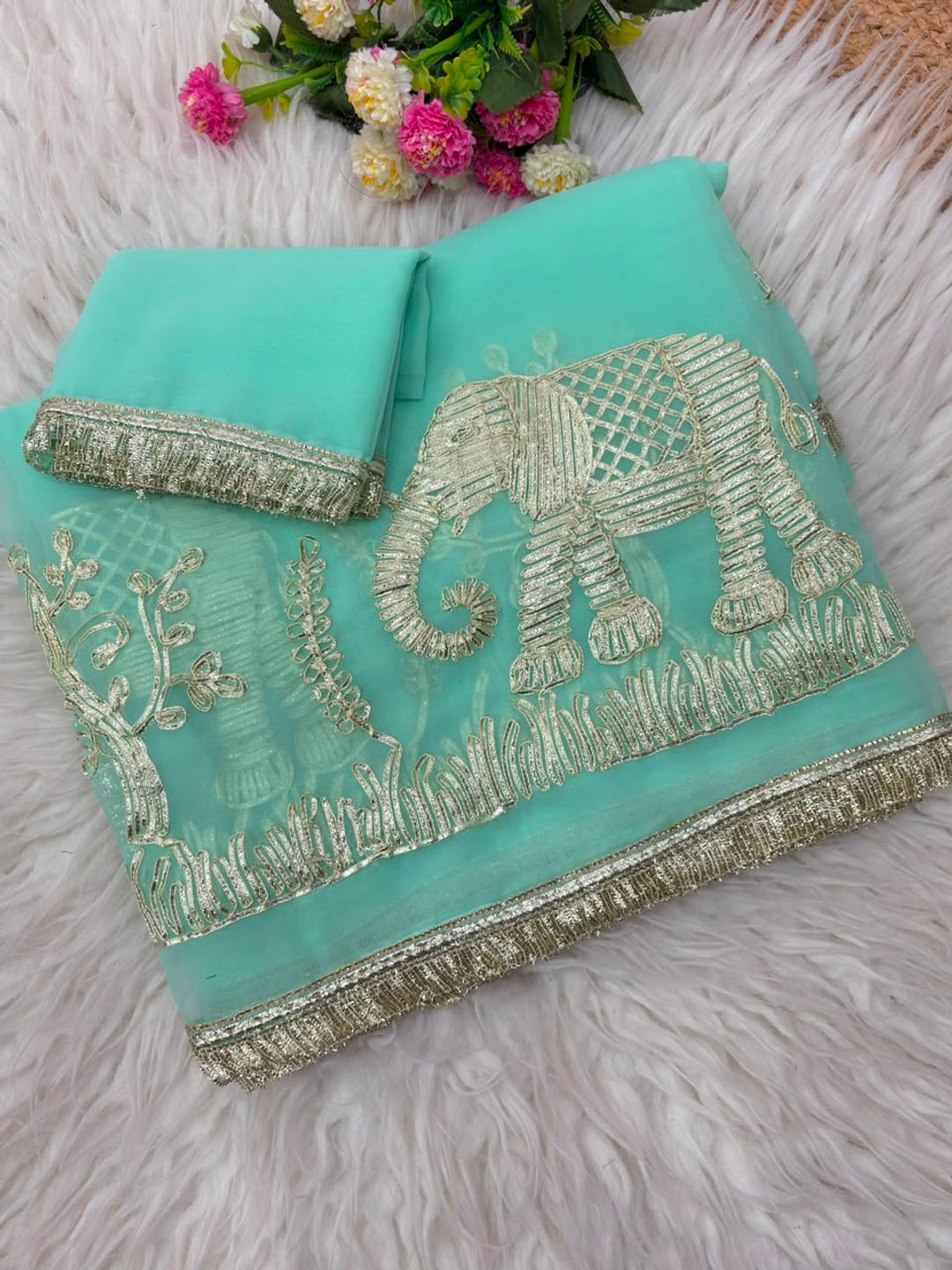 Peachmode Rama Blue Gota Patti Georgette Saree - Image 3