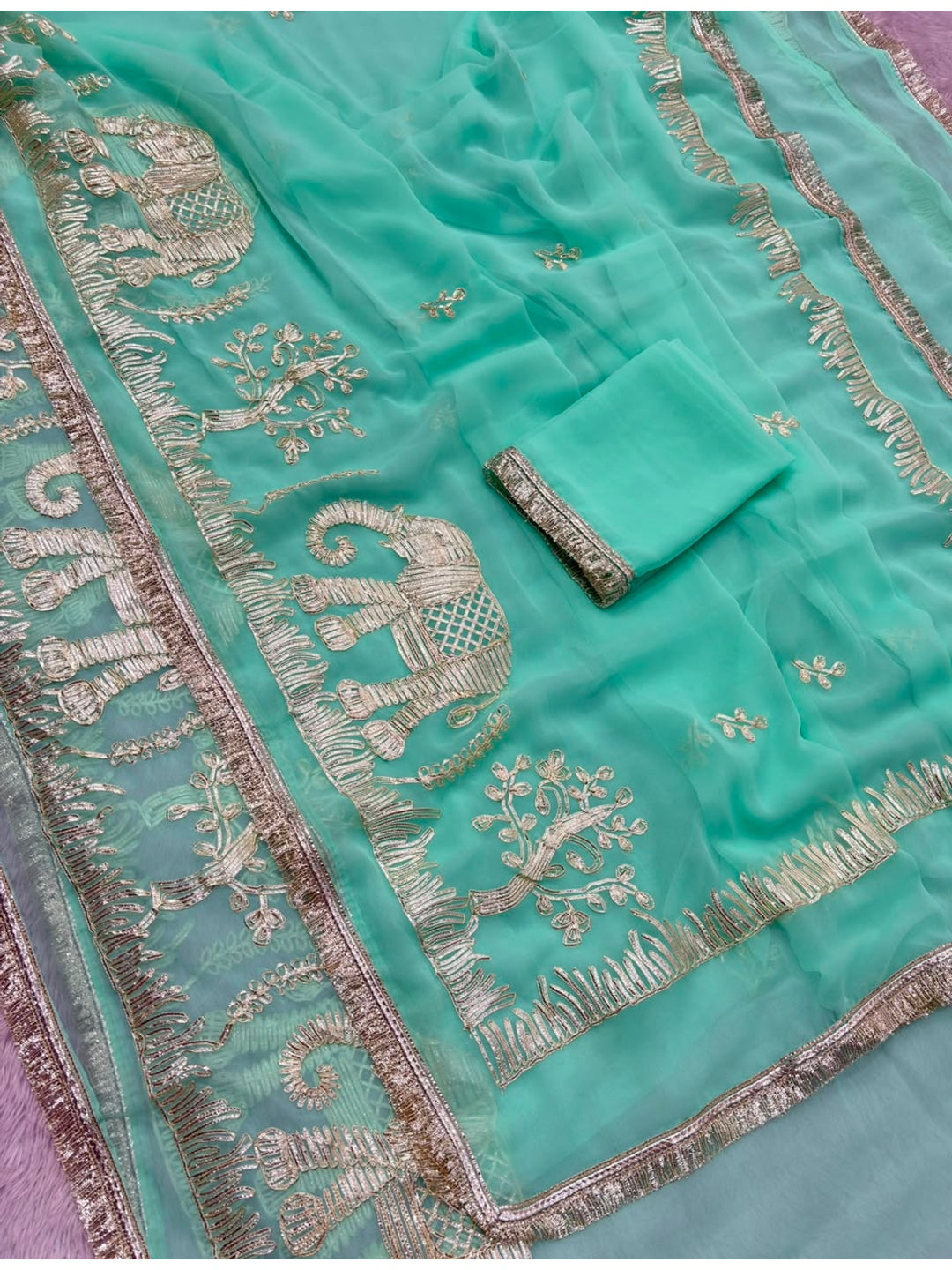 Peachmode Rama Blue Gota Patti Georgette Saree - Image 4