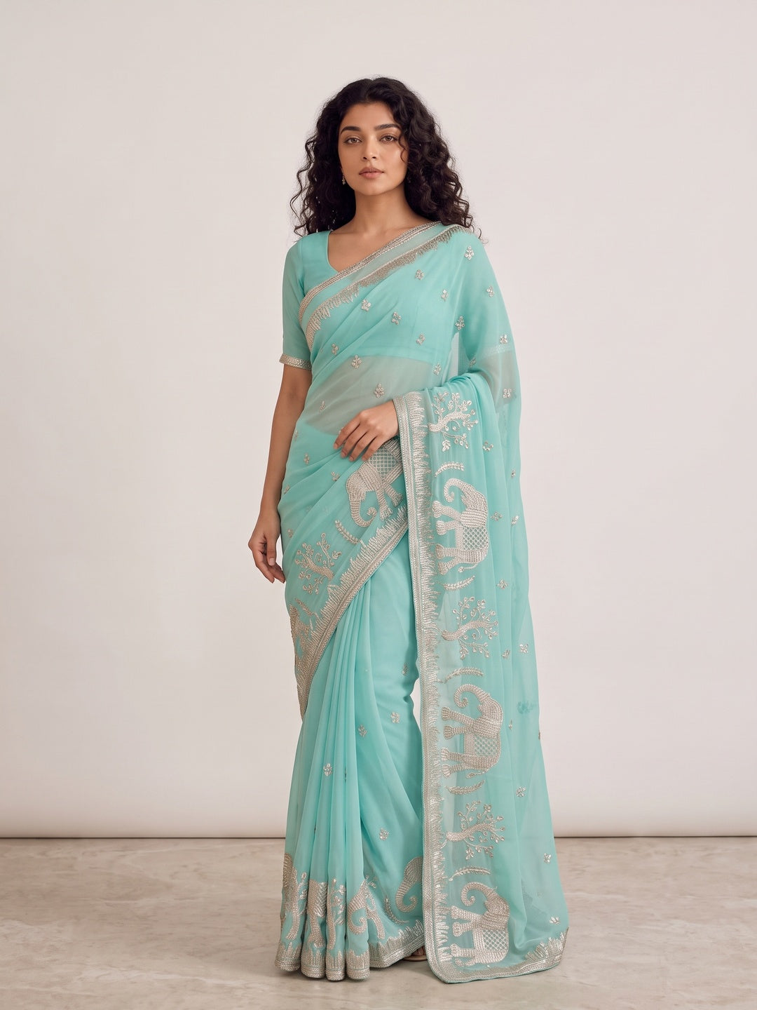 Peachmode Rama Blue Gota Patti Georgette Saree - Image 5