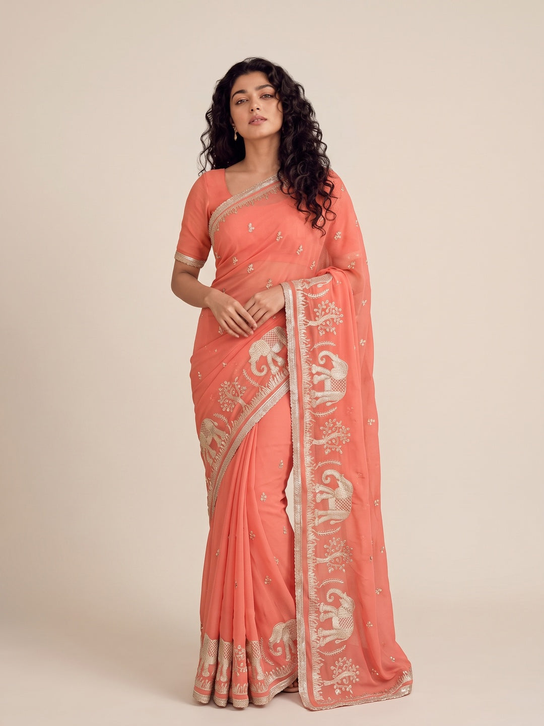 Peachmode Peach Gota Patti Georgette Saree - Image 5