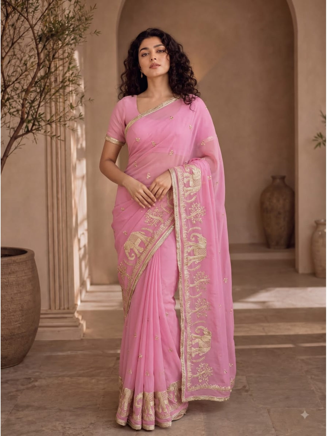 Peachmode Pink Gota Patti Georgette Saree - Image 1