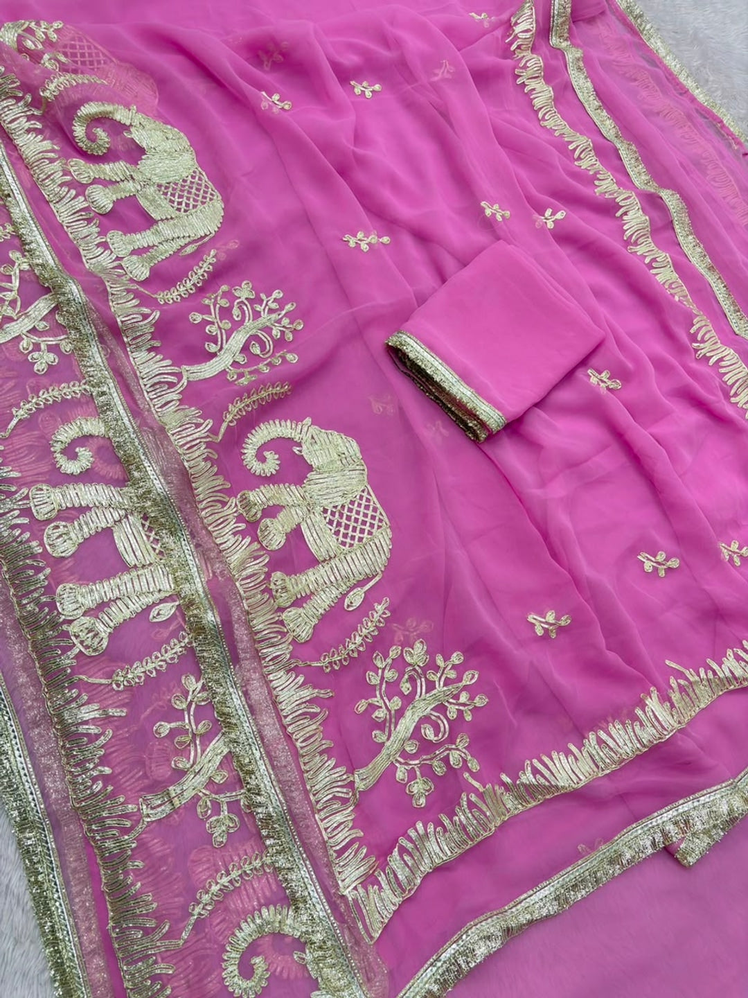 Peachmode Pink Gota Patti Georgette Saree - Image 3