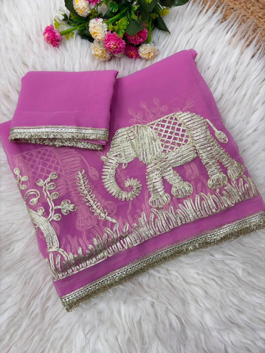 Peachmode Pink Gota Patti Georgette Saree - Image 4
