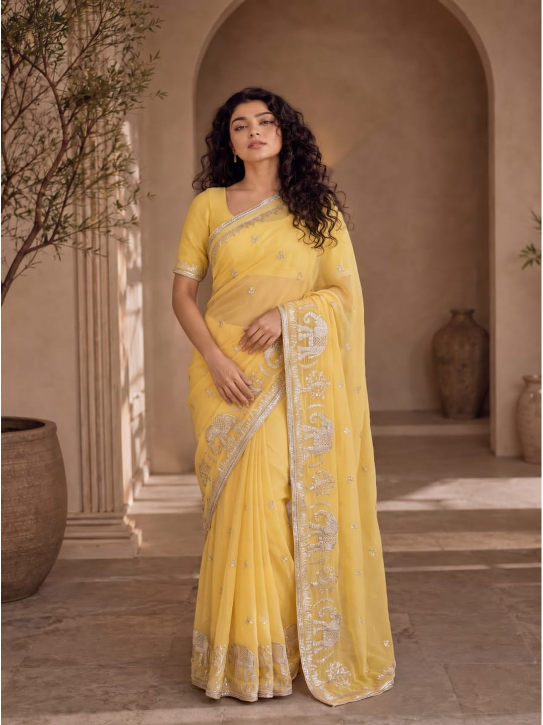 Peachmode Yellow Gota Patti Georgette Saree - Image 1
