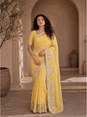 Peachmode Yellow Gota Patti Georgette Saree - Image 1