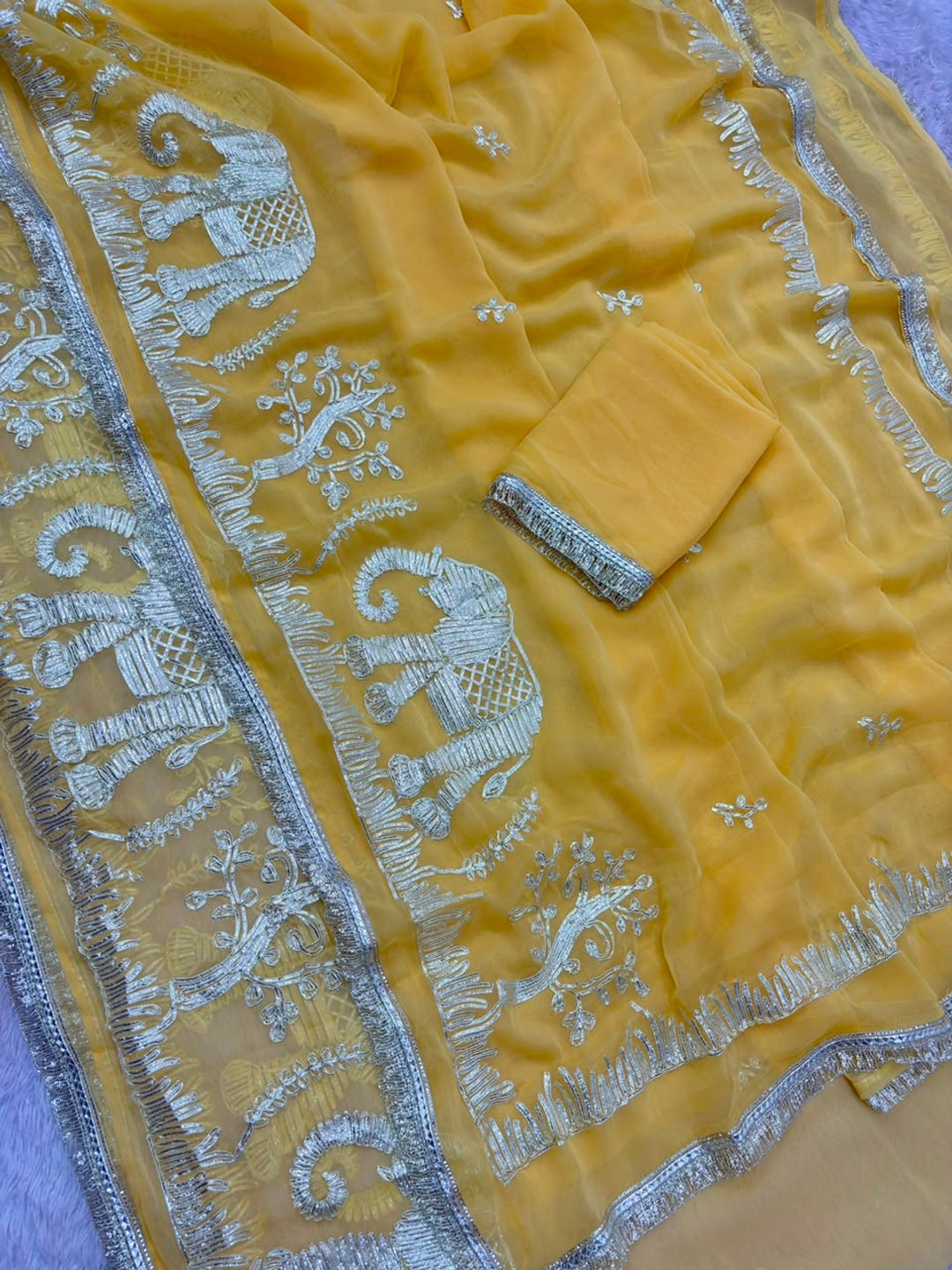 Peachmode Yellow Gota Patti Georgette Saree - Image 2