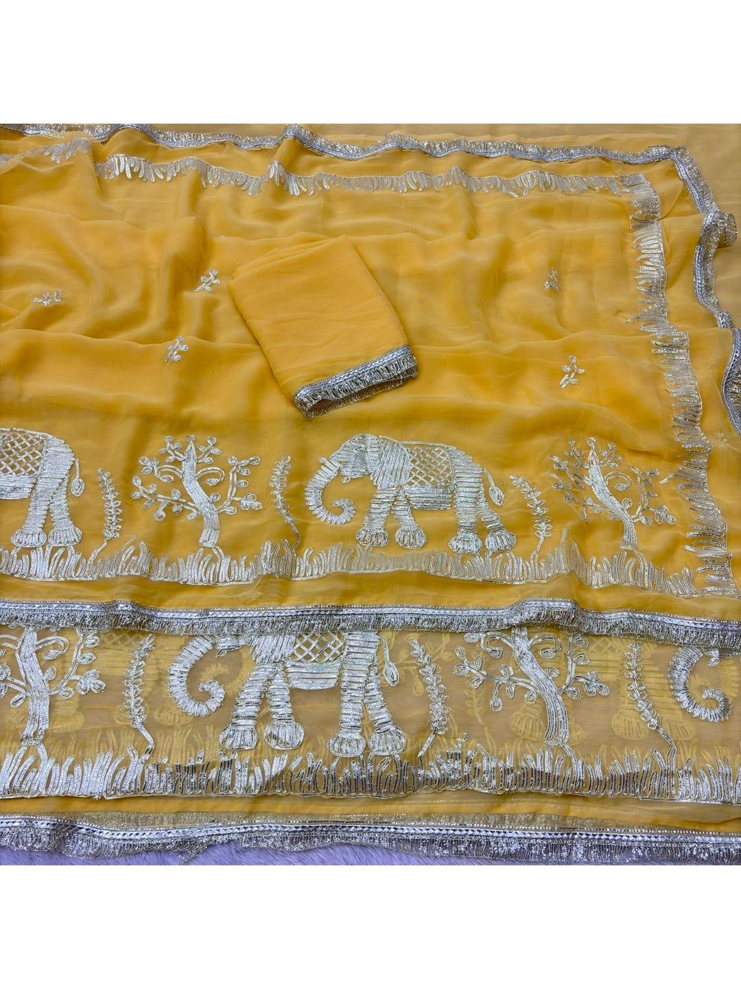 Peachmode Yellow Gota Patti Georgette Saree - Image 4