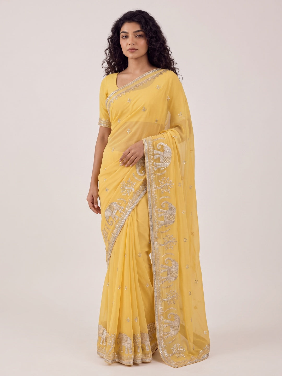 Peachmode Yellow Gota Patti Georgette Saree - Image 5