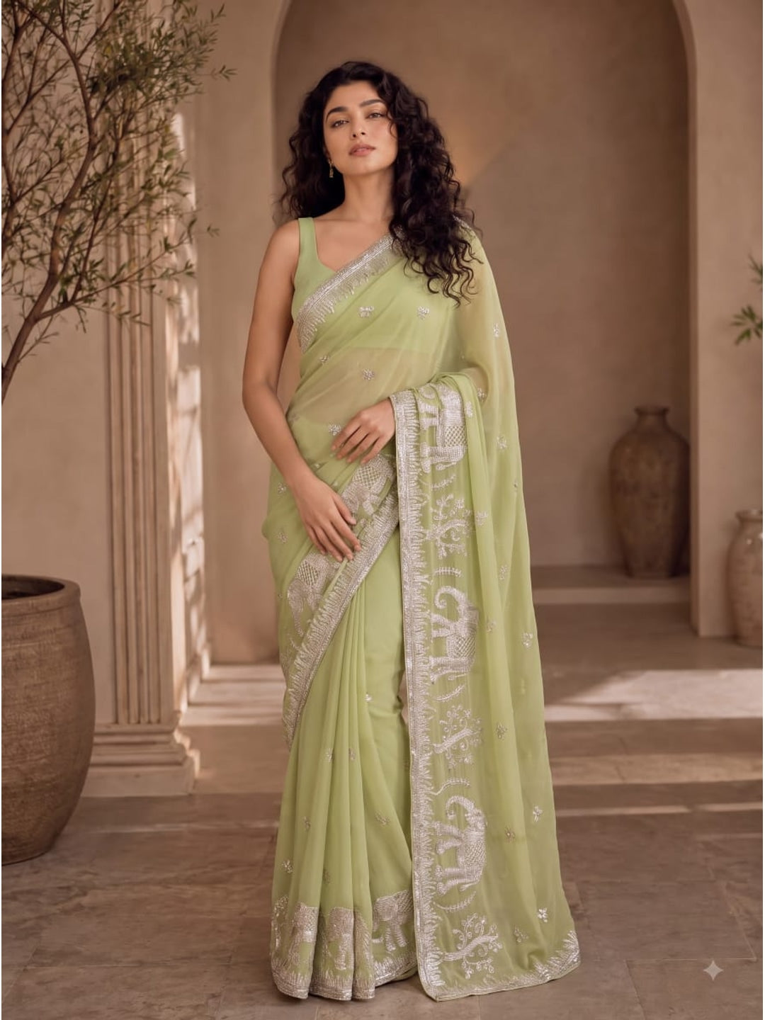 Peachmode Lime Green Gota Patti Georgette Saree - Image 1