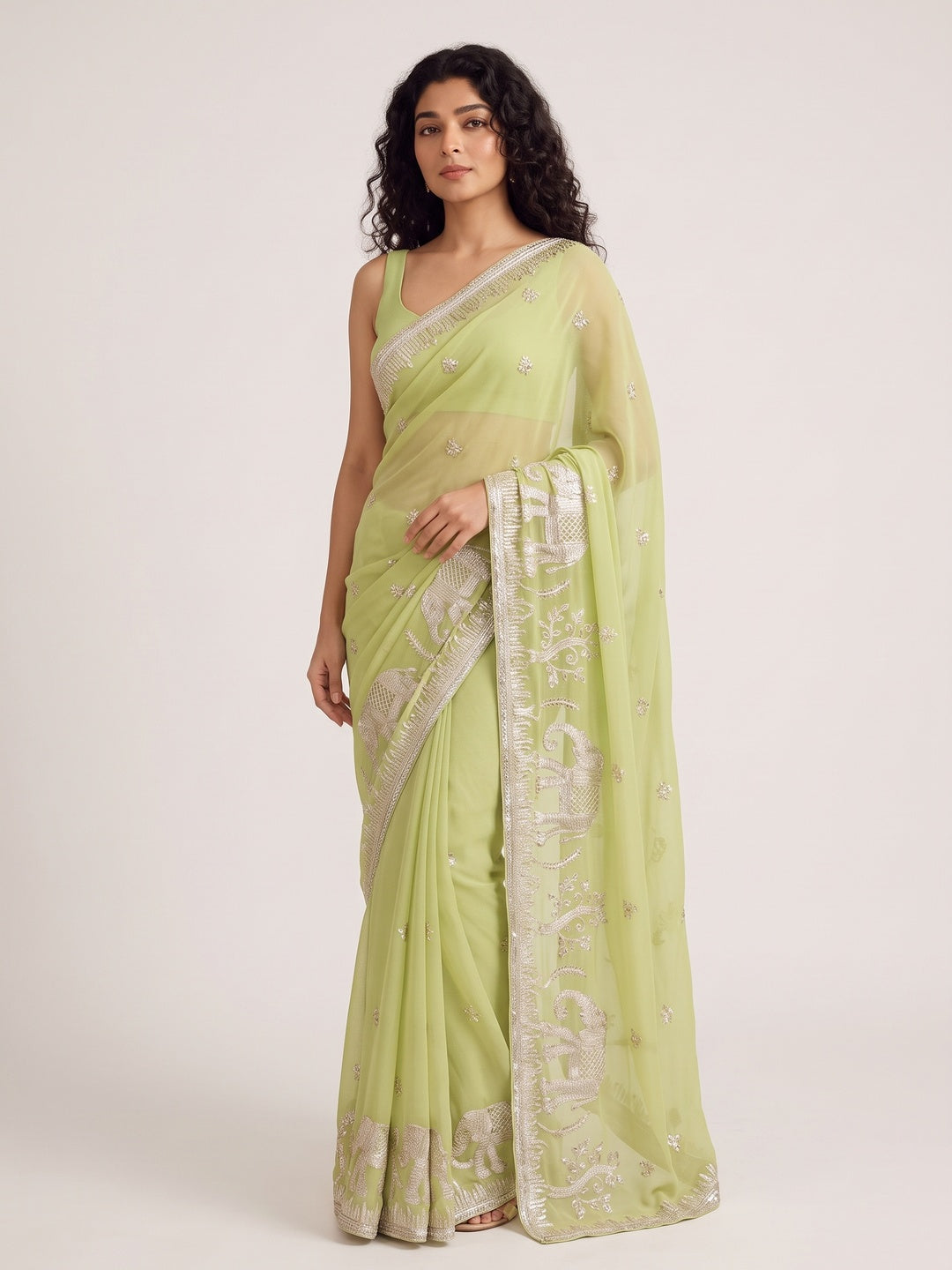 Peachmode Lime Green Gota Patti Georgette Saree - Image 5