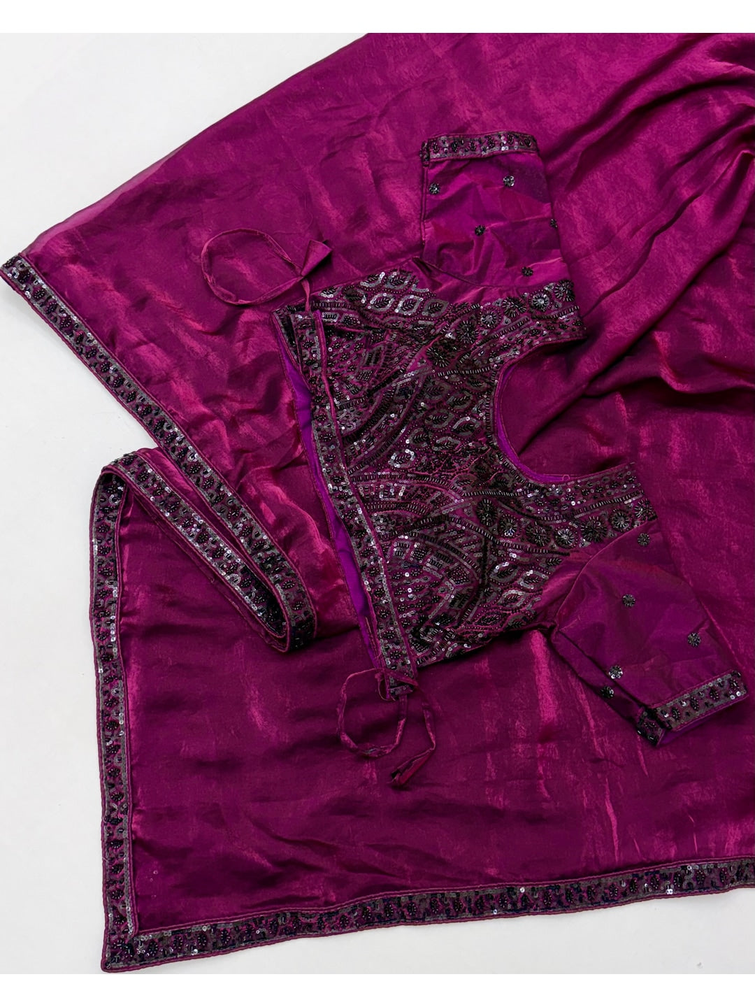 Peachmode Magenta Fendy Satin Saree With Embroidered Stitched Blouse - Image 2