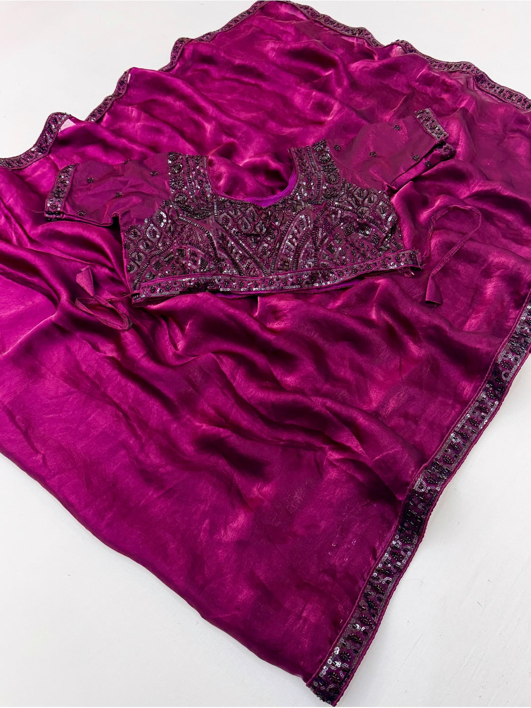 Peachmode Magenta Fendy Satin Saree With Embroidered Stitched Blouse - Image 3