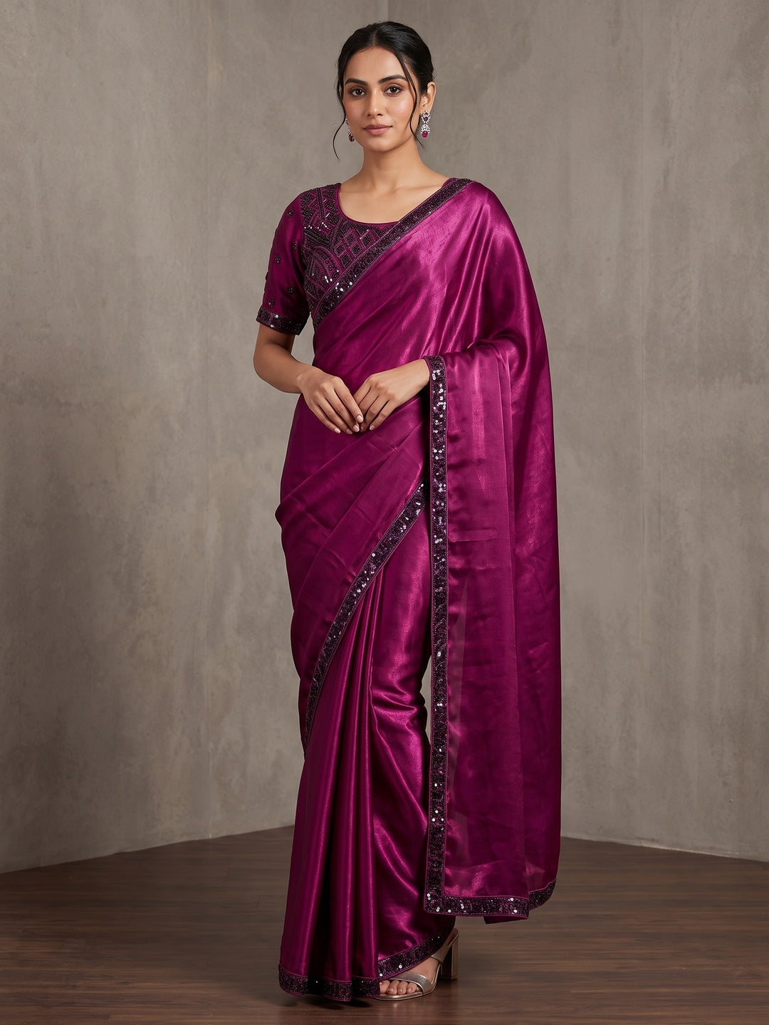 Peachmode Magenta Fendy Satin Saree With Embroidered Stitched Blouse - Image 1