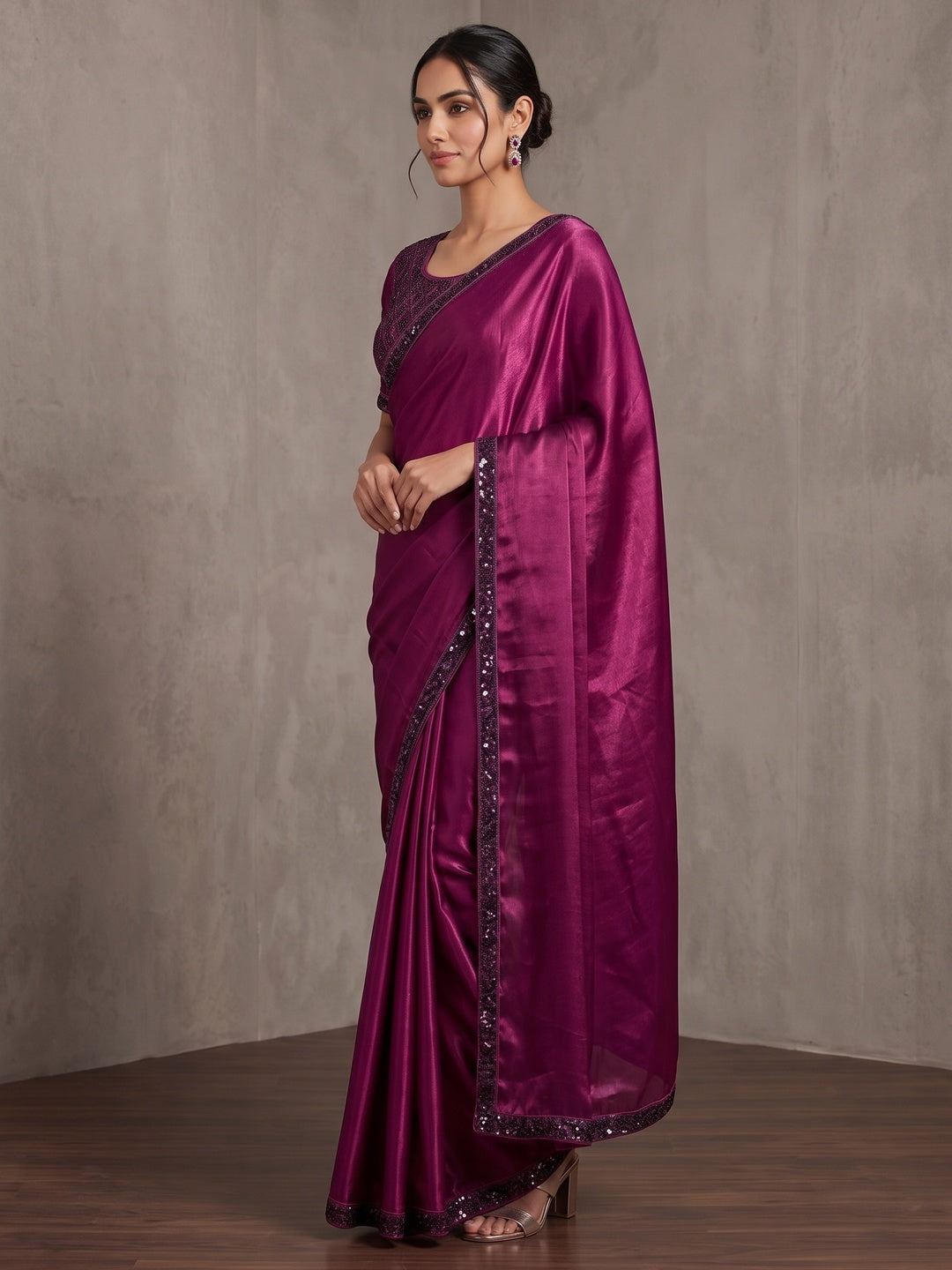 Peachmode Magenta Fendy Satin Saree With Embroidered Stitched Blouse - Image 5