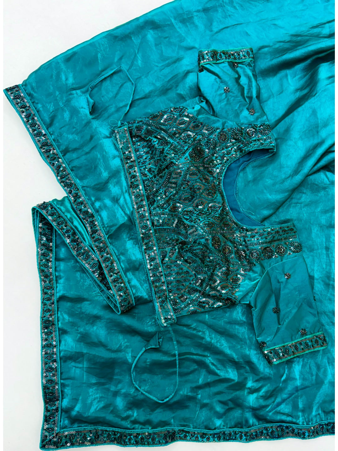 Peachmode Teal Blue Fendy Satin Saree With Embroidered Stitched Blouse - Image 2